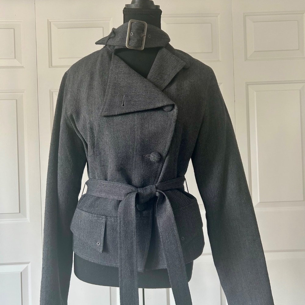Grey White House Black Market Blazer with Asymmetric Button & Tie Waist Size 8